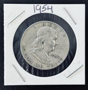 1954-D Franklin Half Dollar, 90% Silver, Denver Mint, Circulated, Authentic US Coin