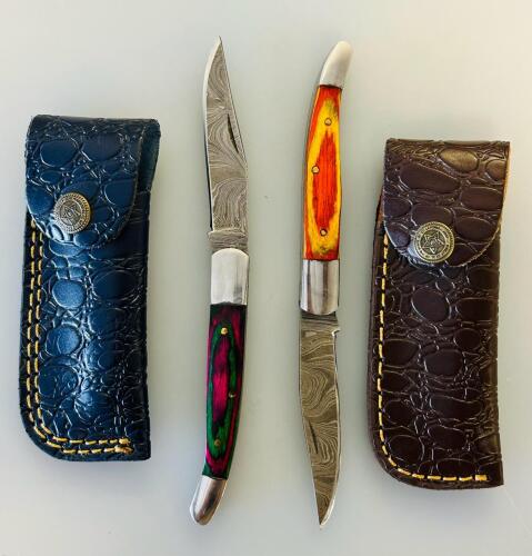 Custom Damascus Steel Folding Pocket Knives With Colorful Wood Handles, Leather Sheath
