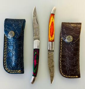 Custom Damascus Steel Folding Pocket Knives With Colorful Wood Handles, Leather Sheath