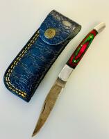 Custom Damascus Steel Folding Pocket Knives With Colorful Wood Handles, Leather Sheath - 2