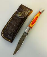 Custom Damascus Steel Folding Pocket Knives With Colorful Wood Handles, Leather Sheath - 3