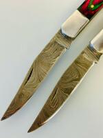 Custom Damascus Steel Folding Pocket Knives With Colorful Wood Handles, Leather Sheath - 4