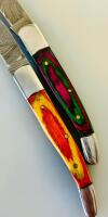Custom Damascus Steel Folding Pocket Knives With Colorful Wood Handles, Leather Sheath - 5