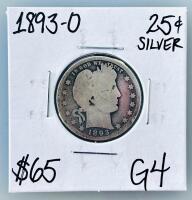 1893-O Barber Quarter Dollar, 90% Silver, G4, New Orleans Mint, 25&cent; U.S. Coin