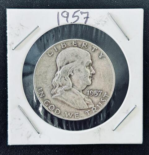 1957 Franklin Half Dollar 90% Silver Coin, Philadelphia Mint, Circulated, Liberty Bell Reverse