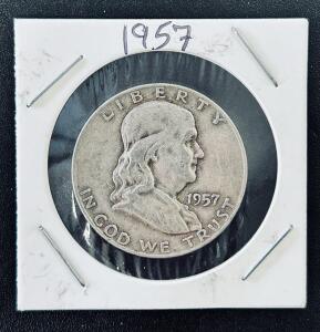 1957 Franklin Half Dollar 90% Silver Coin, Philadelphia Mint, Circulated, Liberty Bell Reverse