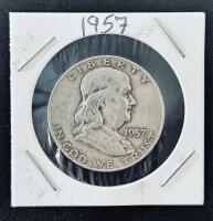 1957 Franklin Half Dollar 90% Silver Coin, Philadelphia Mint, Circulated, Liberty Bell Reverse