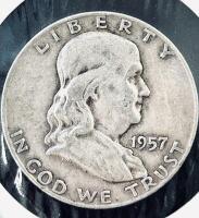 1957 Franklin Half Dollar 90% Silver Coin, Philadelphia Mint, Circulated, Liberty Bell Reverse - 2