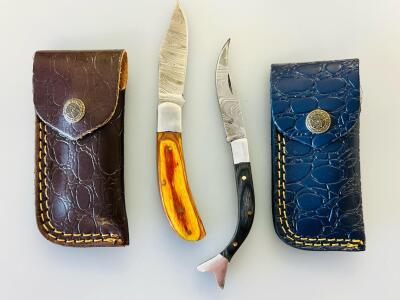 Custom Handmade Damascus Folding Pocket Knives With Wood Handles & Tooled Leather Sheaths