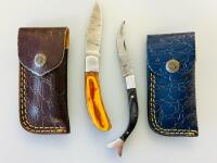 Custom Handmade Damascus Folding Pocket Knives With Wood Handles & Tooled Leather Sheaths