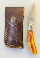 Custom Handmade Damascus Folding Pocket Knives With Wood Handles & Tooled Leather Sheaths - 2