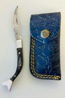Custom Handmade Damascus Folding Pocket Knives With Wood Handles & Tooled Leather Sheaths - 3