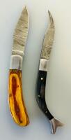 Custom Handmade Damascus Folding Pocket Knives With Wood Handles & Tooled Leather Sheaths - 4
