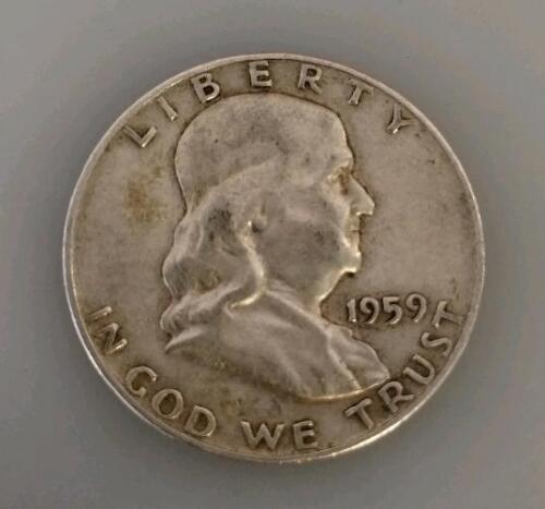 1959-D Franklin Half Dollar 90% Silver Coin, Benjamin Franklin, Liberty Bell, Circulated (Unverified)