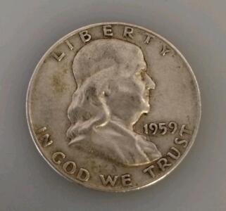 1959-D Franklin Half Dollar 90% Silver Coin, Benjamin Franklin, Liberty Bell, Circulated (Unverified)