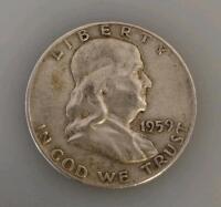1959-D Franklin Half Dollar 90% Silver Coin, Benjamin Franklin, Liberty Bell, Circulated (Unverified)