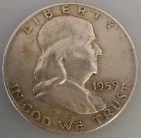1959-D Franklin Half Dollar 90% Silver Coin, Benjamin Franklin, Liberty Bell, Circulated (Unverified) - 2