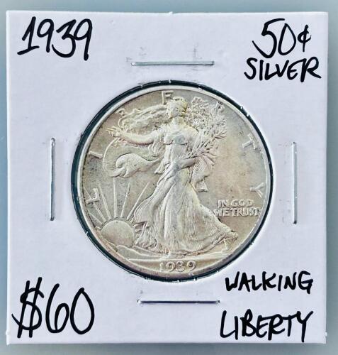 1939 Walking Liberty Half Dollar 90% Silver Coin, Philadelphia Mint, Circulated, 30.6mm, 13.89g