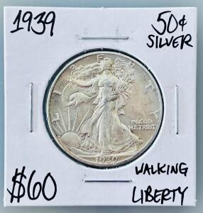 1939 Walking Liberty Half Dollar 90% Silver Coin, Philadelphia Mint, Circulated, 30.6mm, 13.89g