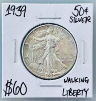 1939 Walking Liberty Half Dollar 90% Silver Coin, Philadelphia Mint, Circulated, 30.6mm, 13.89g