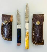 Custom Handmade Damascus Steel Fixed Blade Knife Set, Wood Handles, Leather Sheaths, Drop Point
