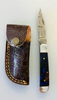 Custom Handmade Damascus Steel Fixed Blade Knife Set, Wood Handles, Leather Sheaths, Drop Point - 3