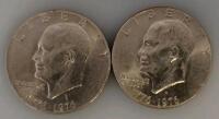 Pair Of 1776-1976 Eisenhower Bicentennial Dollar Coins, Block Letter Reverse, Cupronickel