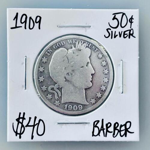 1909 Barber Half Dollar 90% Silver Coin, U.S. Liberty Head, Circulated, 50&cent;, 30.6mm