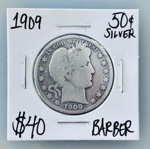 1909 Barber Half Dollar 90% Silver Coin, U.S. Liberty Head, Circulated, 50&cent;, 30.6mm