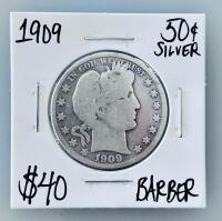 1909 Barber Half Dollar 90% Silver Coin, U.S. Liberty Head, Circulated, 50&cent;, 30.6mm