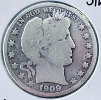 1909 Barber Half Dollar 90% Silver Coin, U.S. Liberty Head, Circulated, 50&cent;, 30.6mm - 2