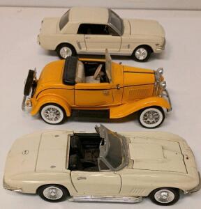 Ford Model A Roadster, 1965 Ford Mustang, And 1967 Corvette Sting Ray 1:18 Diecast Model Cars