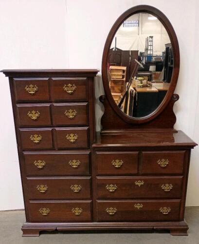 Kincaid Solid Cherry 9 Drawer Dresser with Attached Oval Mirror