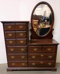 Kincaid Solid Cherry 9 Drawer Dresser with Attached Oval Mirror