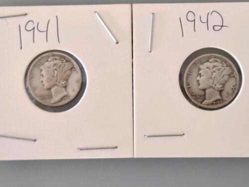 1941 And 1942 Mercury Dimes, 90% Silver, Philadelphia Mint, Liberty Winged Head, Adolph Weinman