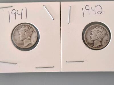 1941 And 1942 Mercury Dimes, 90% Silver, Philadelphia Mint, Liberty Winged Head, Adolph Weinman