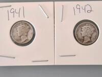 1941 And 1942 Mercury Dimes, 90% Silver, Philadelphia Mint, Liberty Winged Head, Adolph Weinman