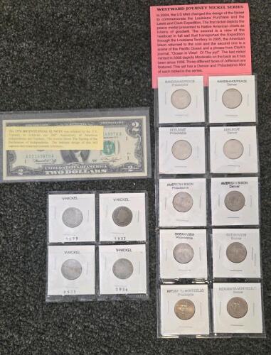 Liberty V Nickel Set (1899-1904), 2004-06 Westward Journey Nickels, 1976 $2 Bicentennial Note