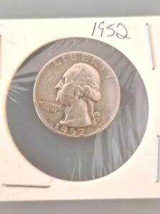 1952 Washington Quarter 90% Silver, No Visible Mint Mark, Heavy Circulation, Red Staining