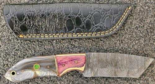 Custom Damascus Fixed Blade Knife, Resin & Wood Handle, 4" Blade, Leather Sheath