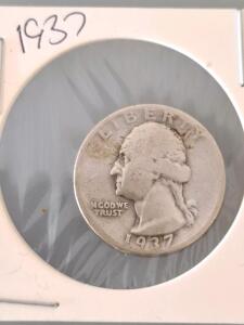 1937 Washington Silver Quarter, Heavily Circulated, Red Residue, US Coin, 90% Silver, 25&cent;