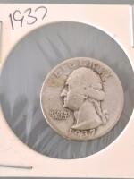 1937 Washington Silver Quarter, Heavily Circulated, Red Residue, US Coin, 90% Silver, 25&cent;