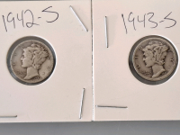 1942-S & 1943-S Mercury Dimes, San Francisco, 90% Silver, Circulated Collectible Coins