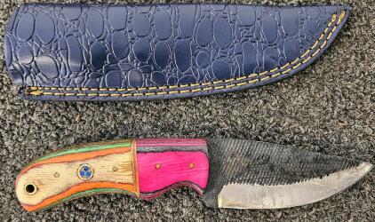 Custom Fixed Blade Knife, Laminated Rainbow Wood Handle, Drop Point 4.5" Blade, Blue Sheath