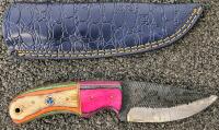 Custom Fixed Blade Knife, Laminated Rainbow Wood Handle, Drop Point 4.5" Blade, Blue Sheath