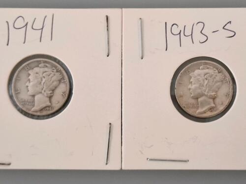 1941 & 1943-S Mercury Dimes &ndash; 90% Silver, U.S. Mint, Circulated, San Francisco & Philadelphia