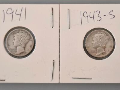 1941 & 1943-S Mercury Dimes &ndash; 90% Silver, U.S. Mint, Circulated, San Francisco & Philadelphia