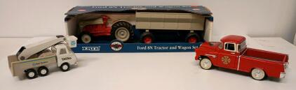 Tonka Bell System Utility Truck, NYFD Chevy 3100 Pickup, Ertl 1:16 Ford 8N Tractor Wagon Set