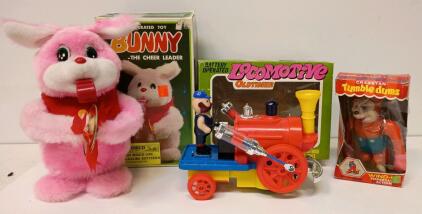 Vintage Cragstan Tumble Dums Wind-Up, Battery Bunny Cheerleader, Oldtimer Locomotive Toys Boxed