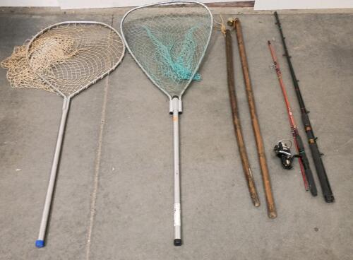Fishing Equipment Lot: 2 Large Aluminum Landing Nets, 2 Wooden Wading Staffs, 2 Fishing Rods w/Reel
